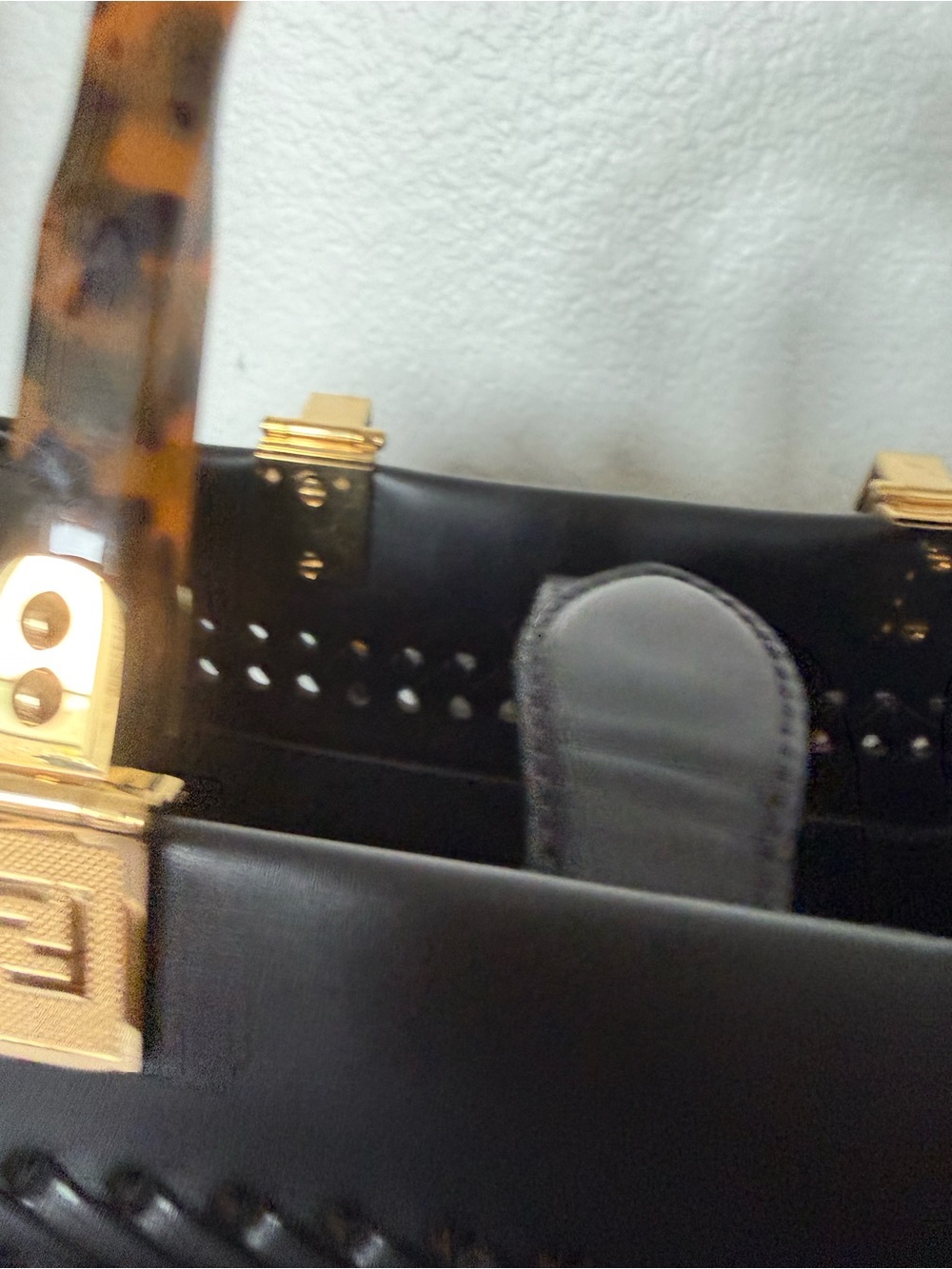 Fendi Black Leather Satchel with Tortoiseshell Handle and Gold Hardware - Picture 4 of 17